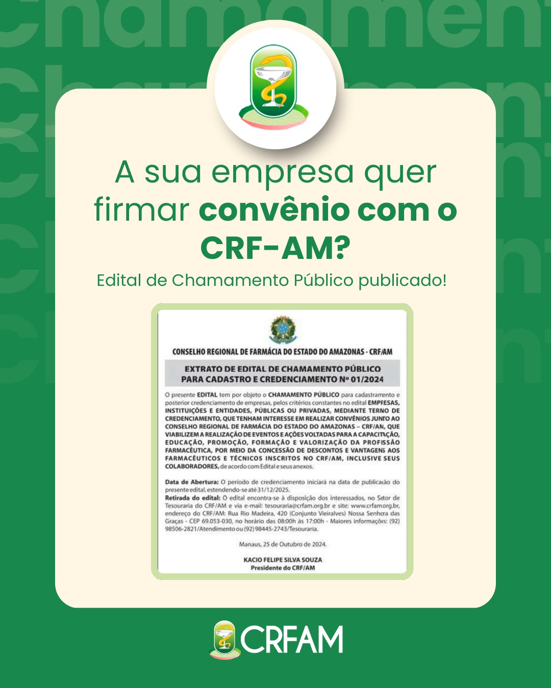 CRF-AM publica edital convidar empresas a firmarem convênio para capacitação de profissionais