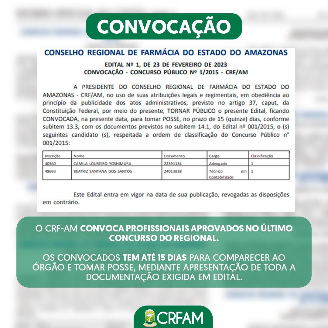 ​CRF-AM convoca aprovados no Concurso Público 001/2015 